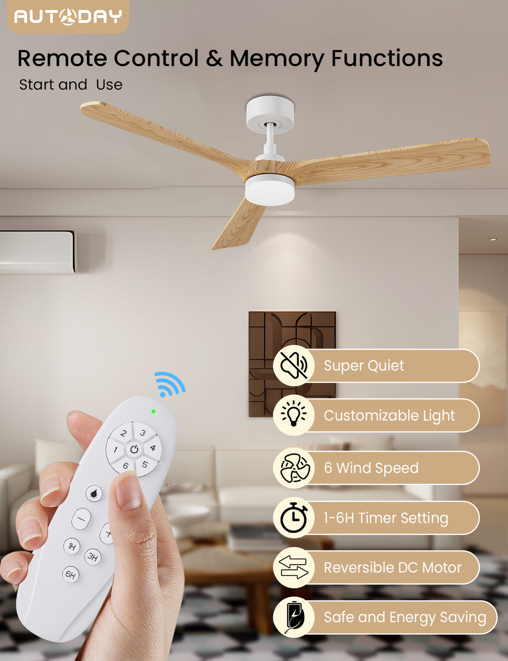 AUTODAY Holz Deckenventilator mit Beleuchtung leiser Gleichstrommotor