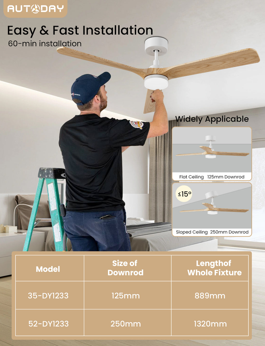 AUTODAY Holz Deckenventilator mit Beleuchtung leiser Gleichstrommotor
