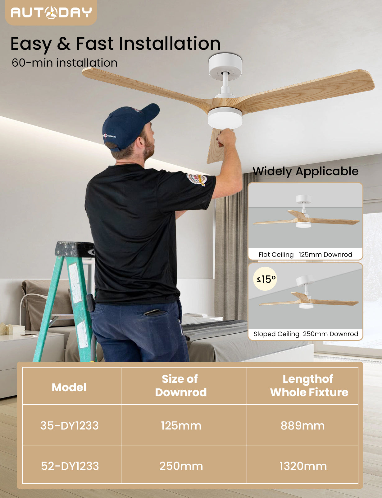 AUTODAY Holz Deckenventilator mit Beleuchtung leiser Gleichstrommotor