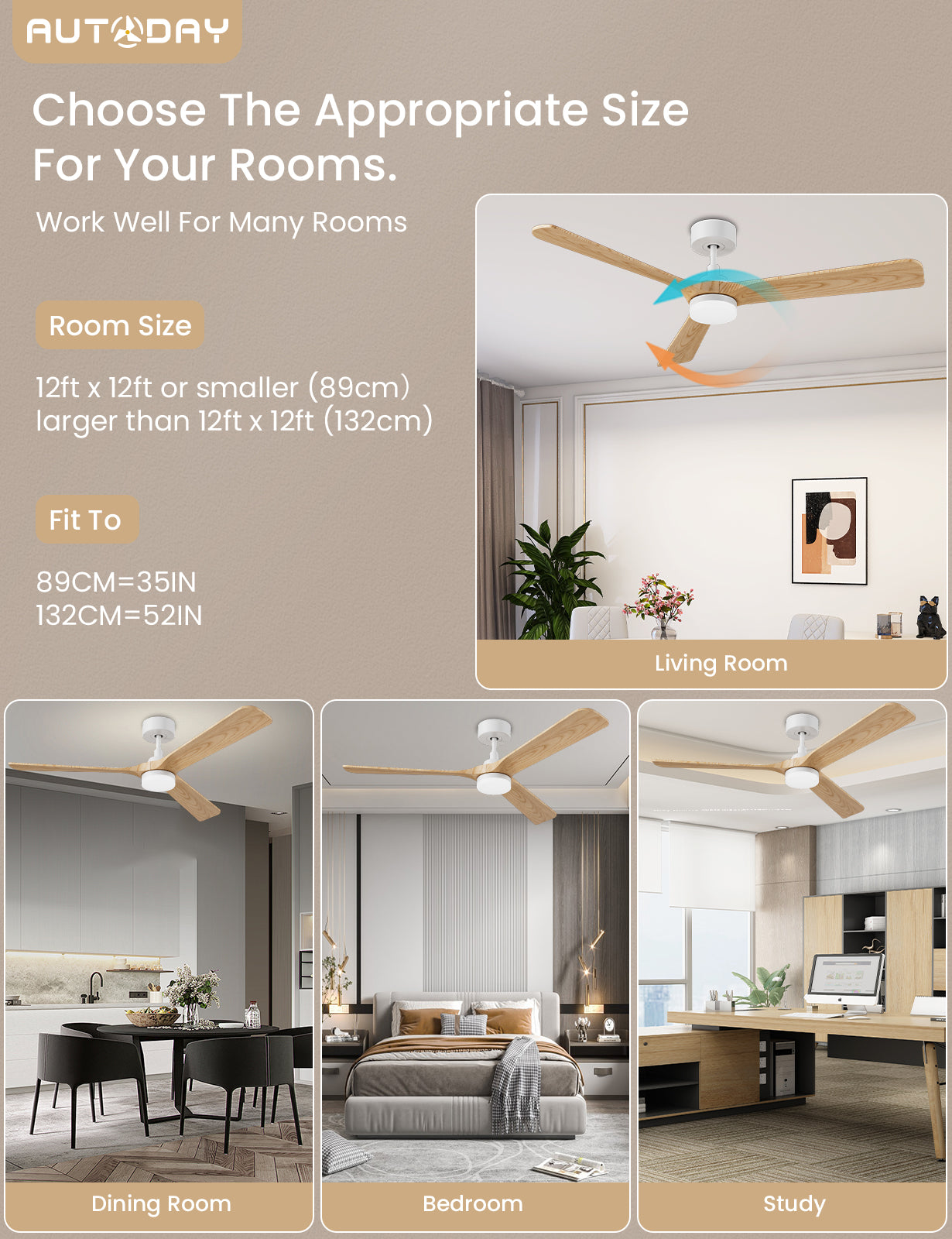 AUTODAY Holz Deckenventilator mit Beleuchtung leiser Gleichstrommotor