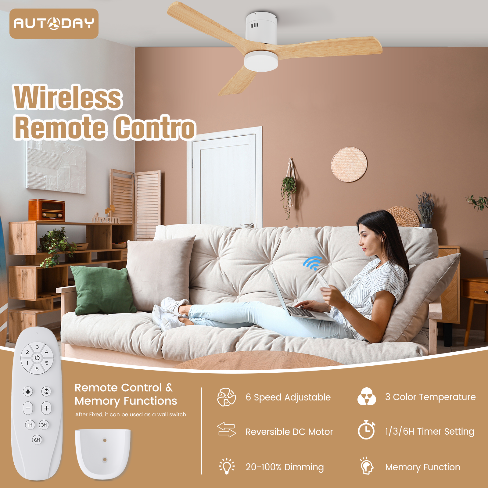 AUTODAY Holz Deckenventilator mit Beleuchtung dimmbarem