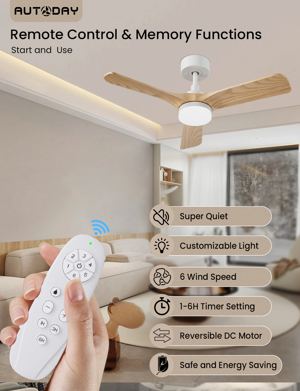 AUTODAY Holz Deckenventilator mit Beleuchtung,leiser Gleichstrommotor