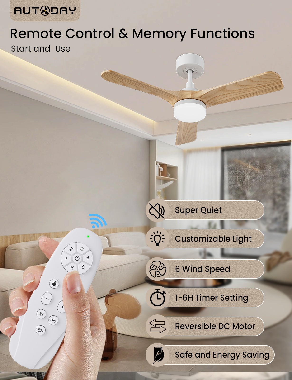 AUTODAY Holz Deckenventilator mit Beleuchtung,leiser Gleichstrommotor