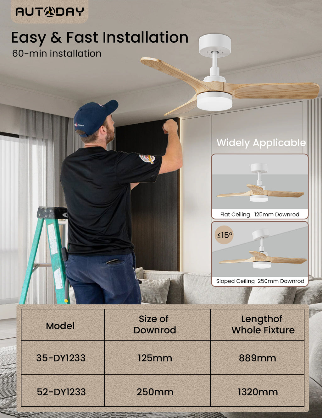 AUTODAY Holz Deckenventilator mit Beleuchtung,leiser Gleichstrommotor