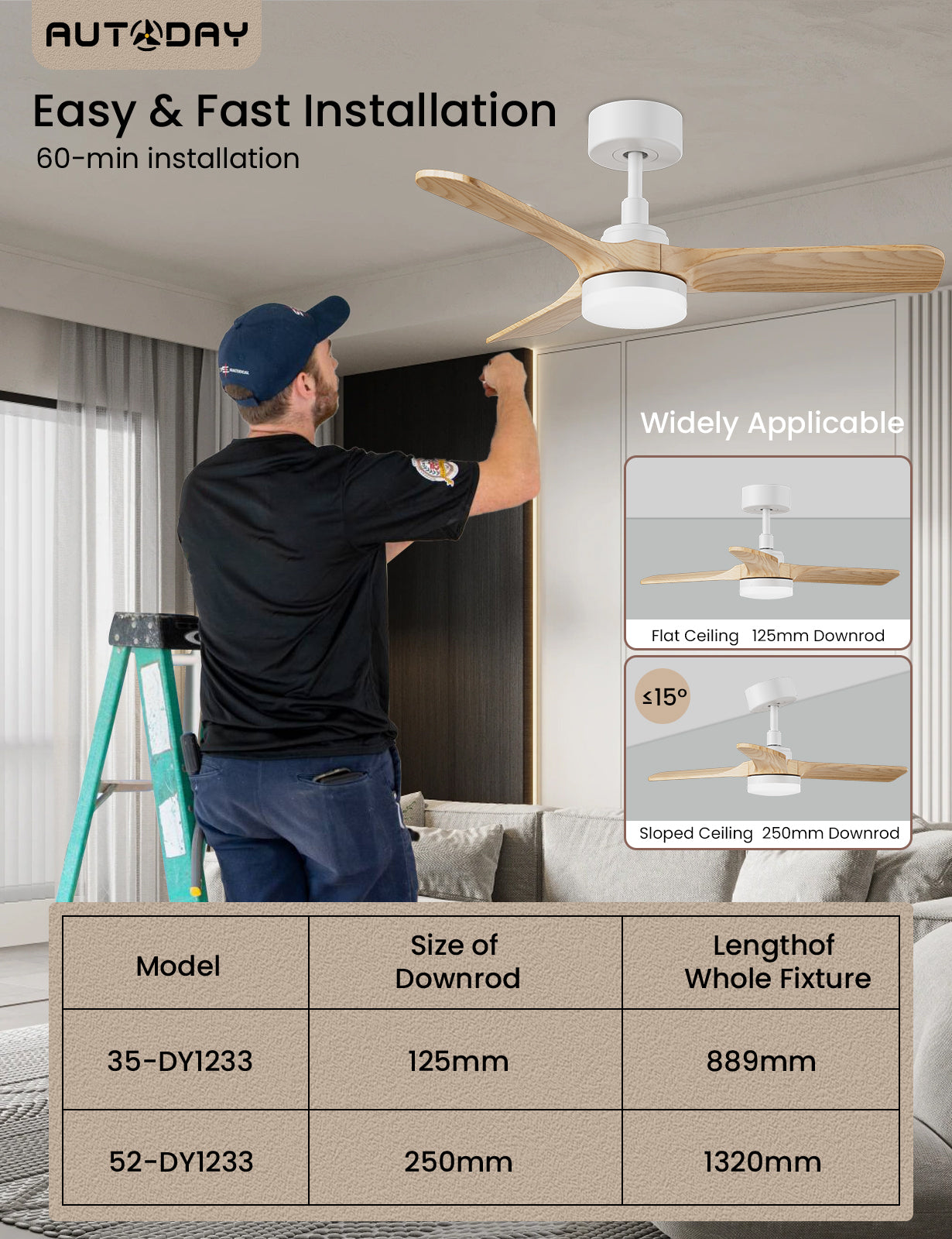 AUTODAY Holz Deckenventilator mit Beleuchtung,leiser Gleichstrommotor