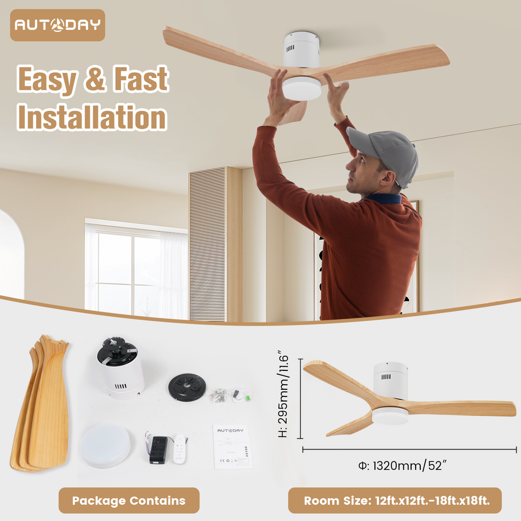 AUTODAY Holz Deckenventilator mit Beleuchtung dimmbarem