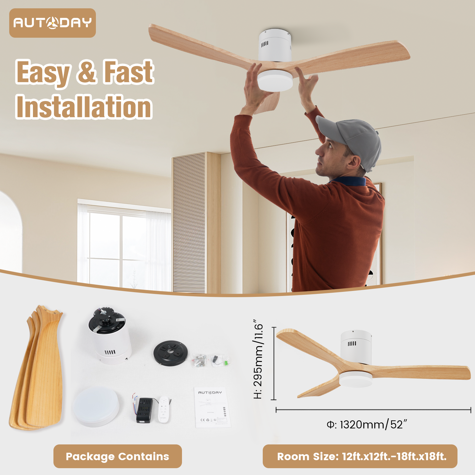 AUTODAY Holz Deckenventilator mit Beleuchtung dimmbarem