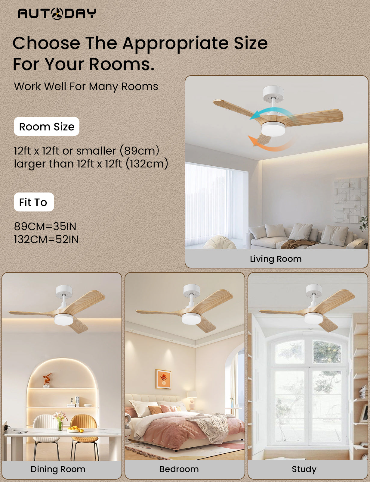 AUTODAY Holz Deckenventilator mit Beleuchtung,leiser Gleichstrommotor