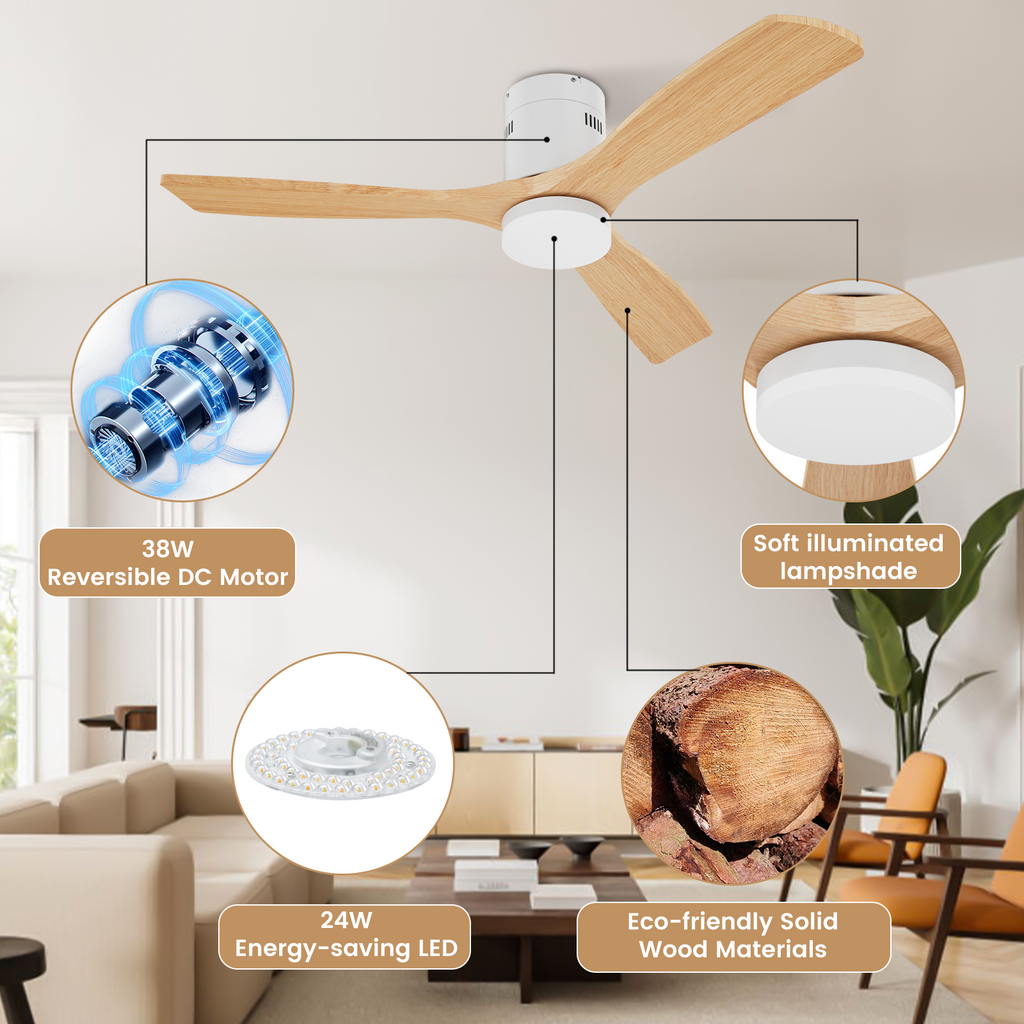 AUTODAY Holz Deckenventilator mit Beleuchtung dimmbarem