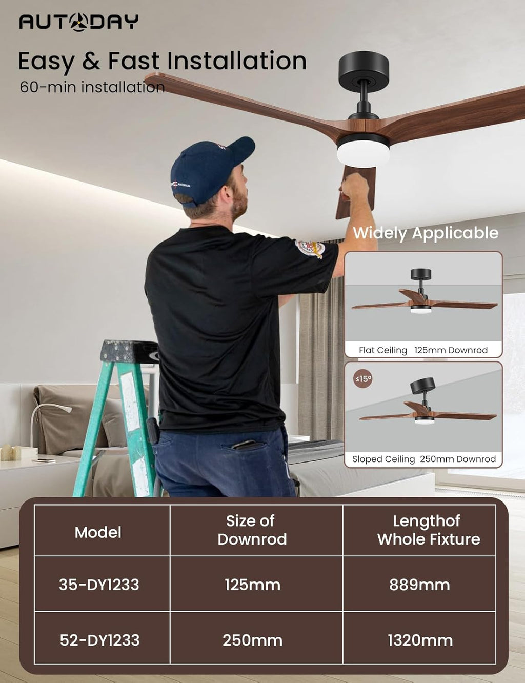 AUTODAY Holz Deckenventilator mit Beleuchtung dimmbarem
