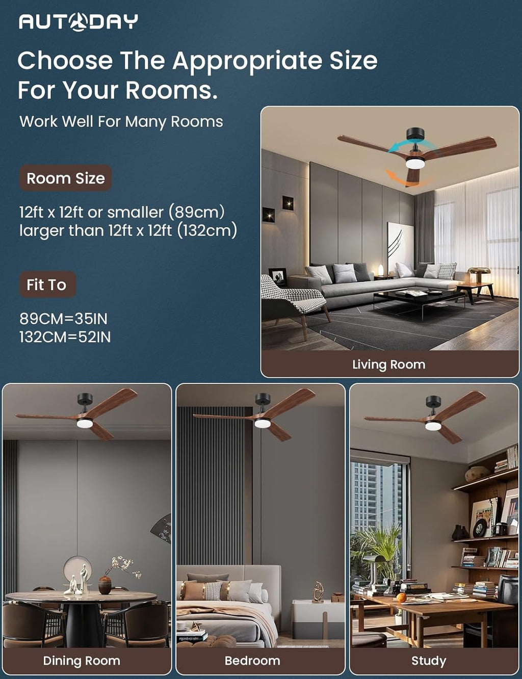 AUTODAY Holz Deckenventilator mit Beleuchtung dimmbarem