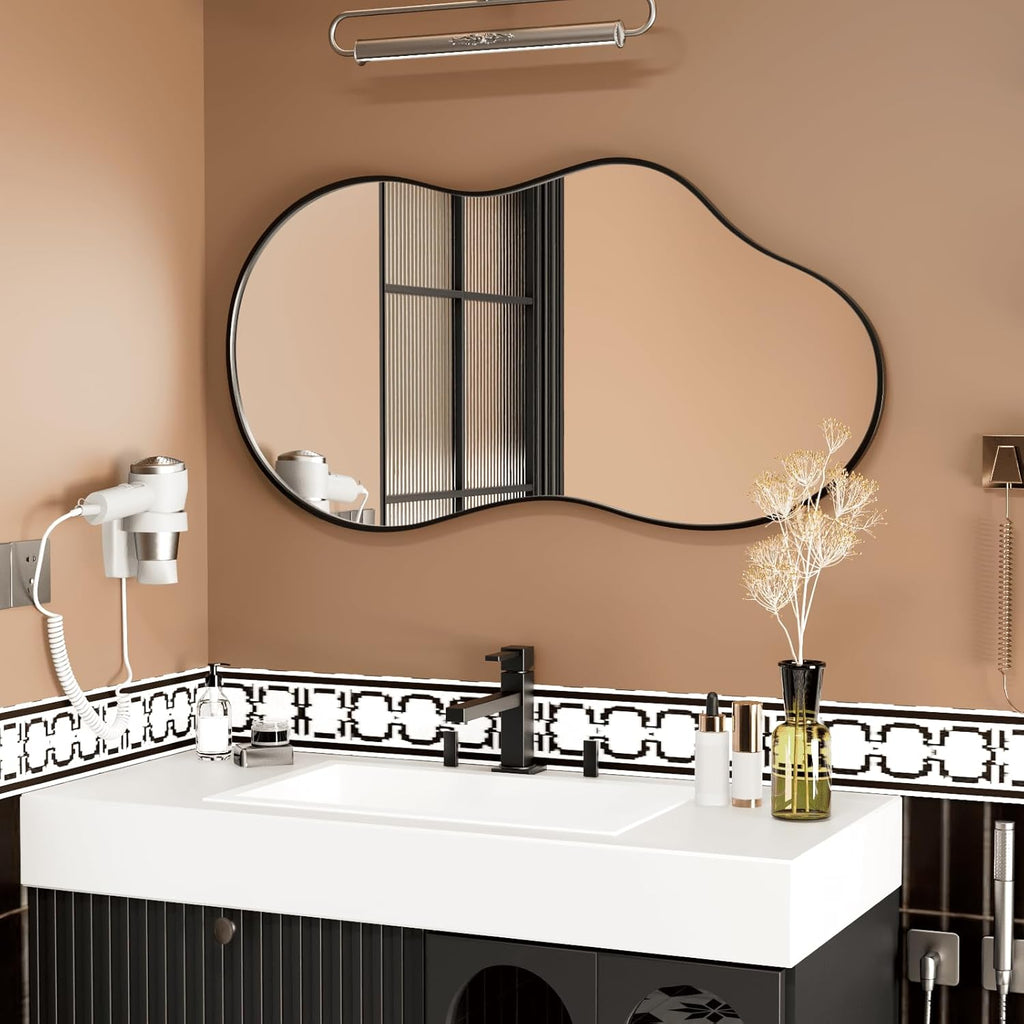 WEER Irregular Asymmetrical Wall Mirror, 50x90cm Cloud Frame Vanity Artistic Mirror, Black Unique Shaped Decorative for Living Room, Bathroom, Bedroom, Hallway