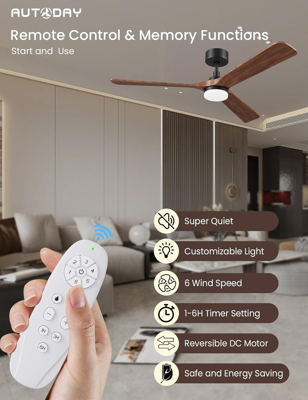 AUTODAY Holz Deckenventilator mit Beleuchtung dimmbarem