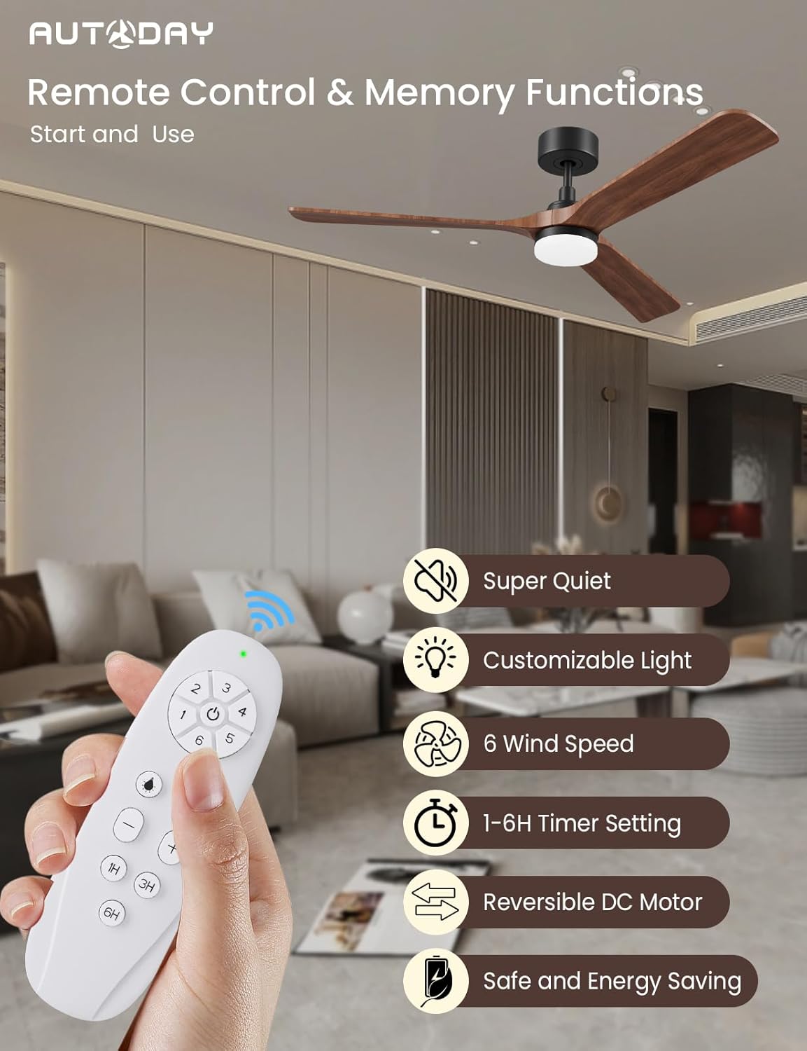 AUTODAY Holz Deckenventilator mit Beleuchtung dimmbarem